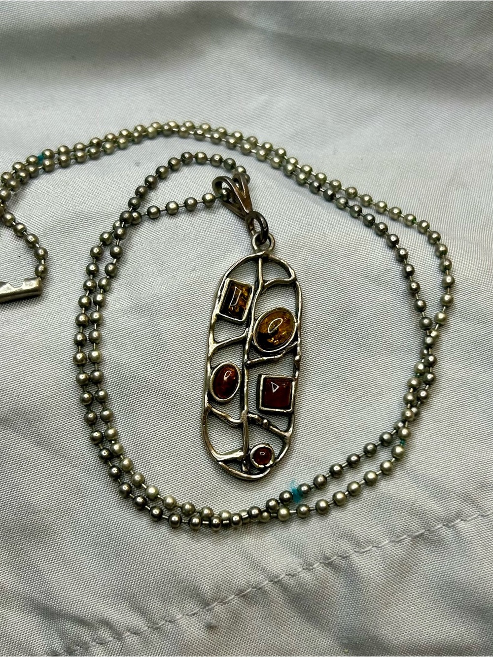 Silver Multi-Stone Oval Pendant Necklace - Silver with Brown/Amber Accents